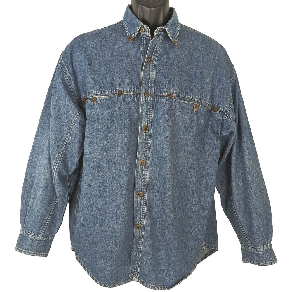 Robert Comstock Mens MED Western Blue Denim Shirt Metal Buttons Leather Accents